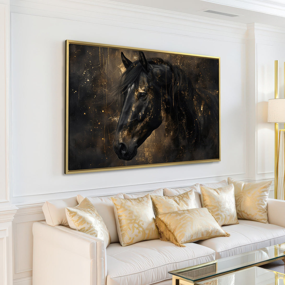 Canvas Print: Stunning black horse art with gold accents. Modern style, elegant decor. Perfect for living rooms. Shop now!