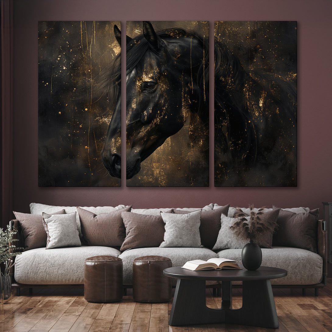 Canvas Print of a majestic black horse with gold accents. Modern, abstract art in a dramatic black and gold color palette.