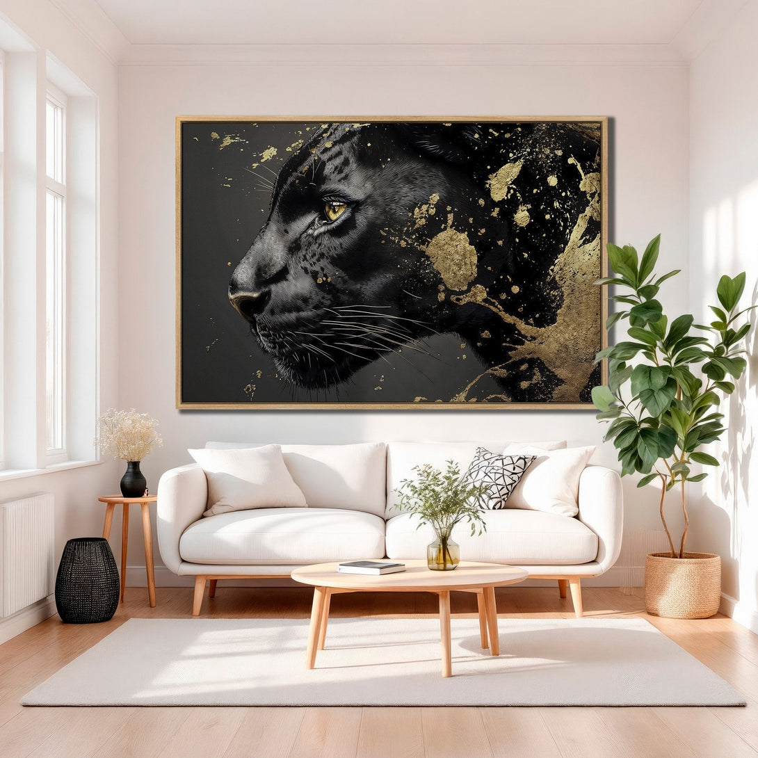 Framed Wall Art: Black panther portrait with gold accents. Modern, luxurious canvas print in a black and gold color palette, perfect for living room decor.