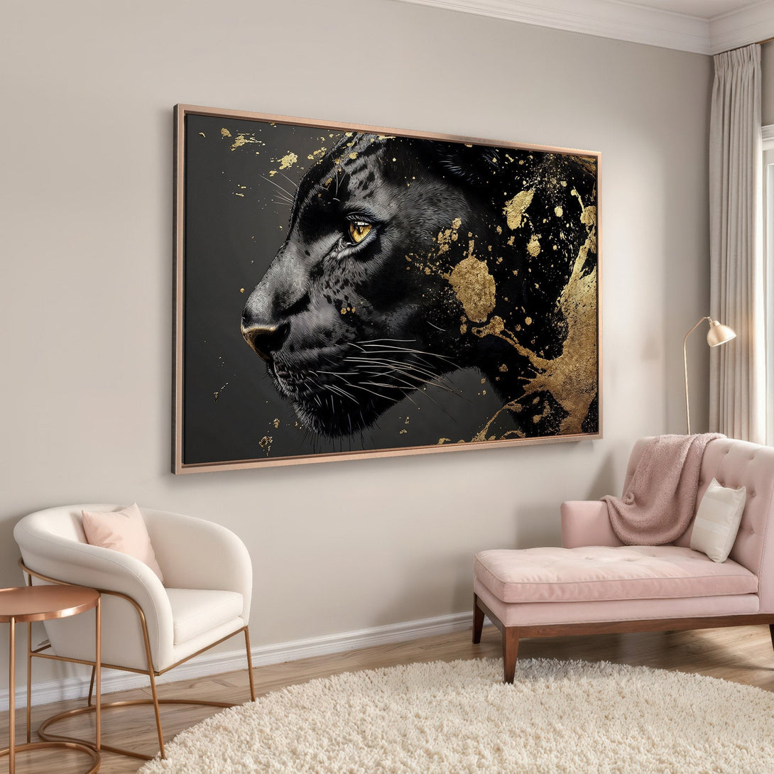 Framed Wall Art featuring a black panther with gold accents. Modern, elegant canvas print in a black and gold color palette. Perfect home decor accent.