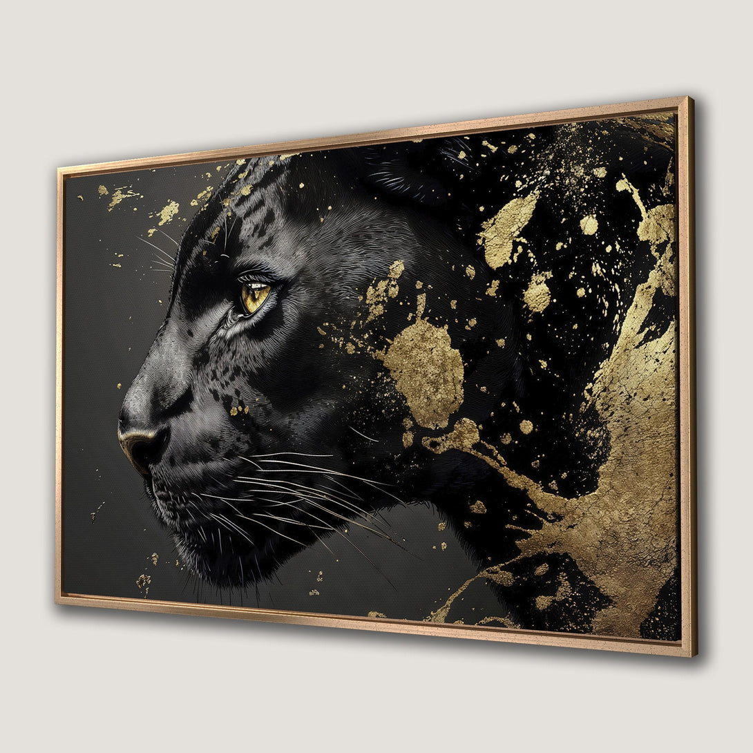 Framed Wall Art: Majestic black panther portrait with gold accents. Modern, stylish canvas print in a black and gold color palette. Elevate your decor!