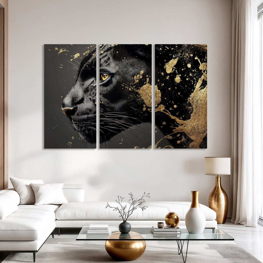 Canvas Print of a majestic black panther with gold accents. Modern art in a black, gold, and gray color palette. Elevate your space!