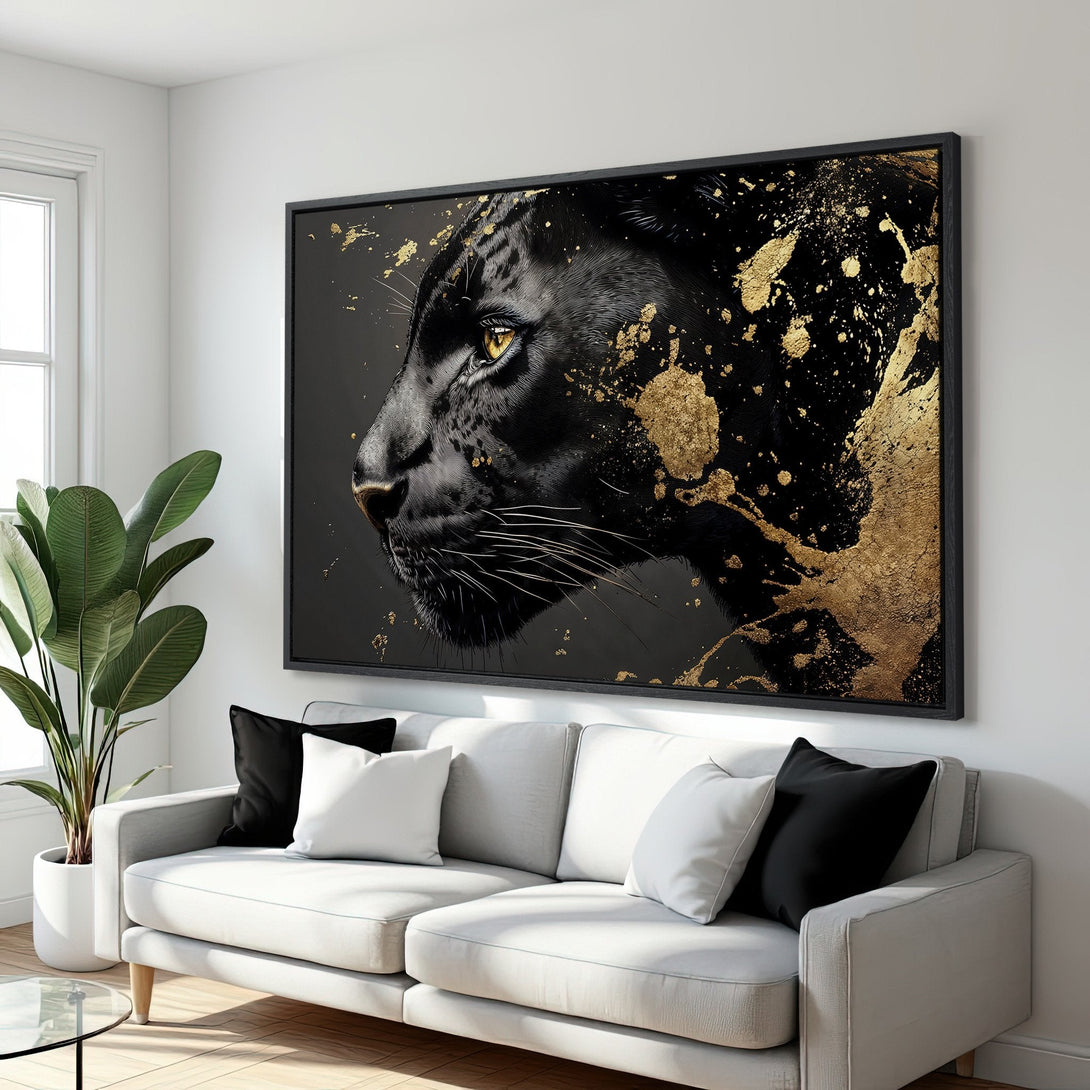 Framed Wall Art: Black panther portrait with gold accents. Modern, luxurious decor with a black, gold, and neutral color palette. Elevate your space!