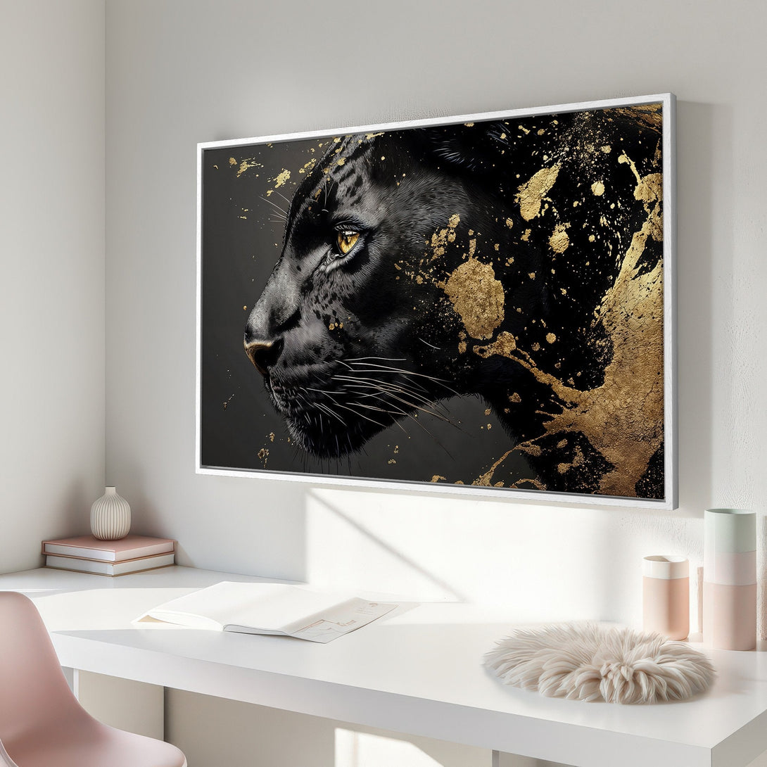 Framed Wall Art: Black panther portrait with gold accents. Modern art in black and gold color palette, perfect for home decor.