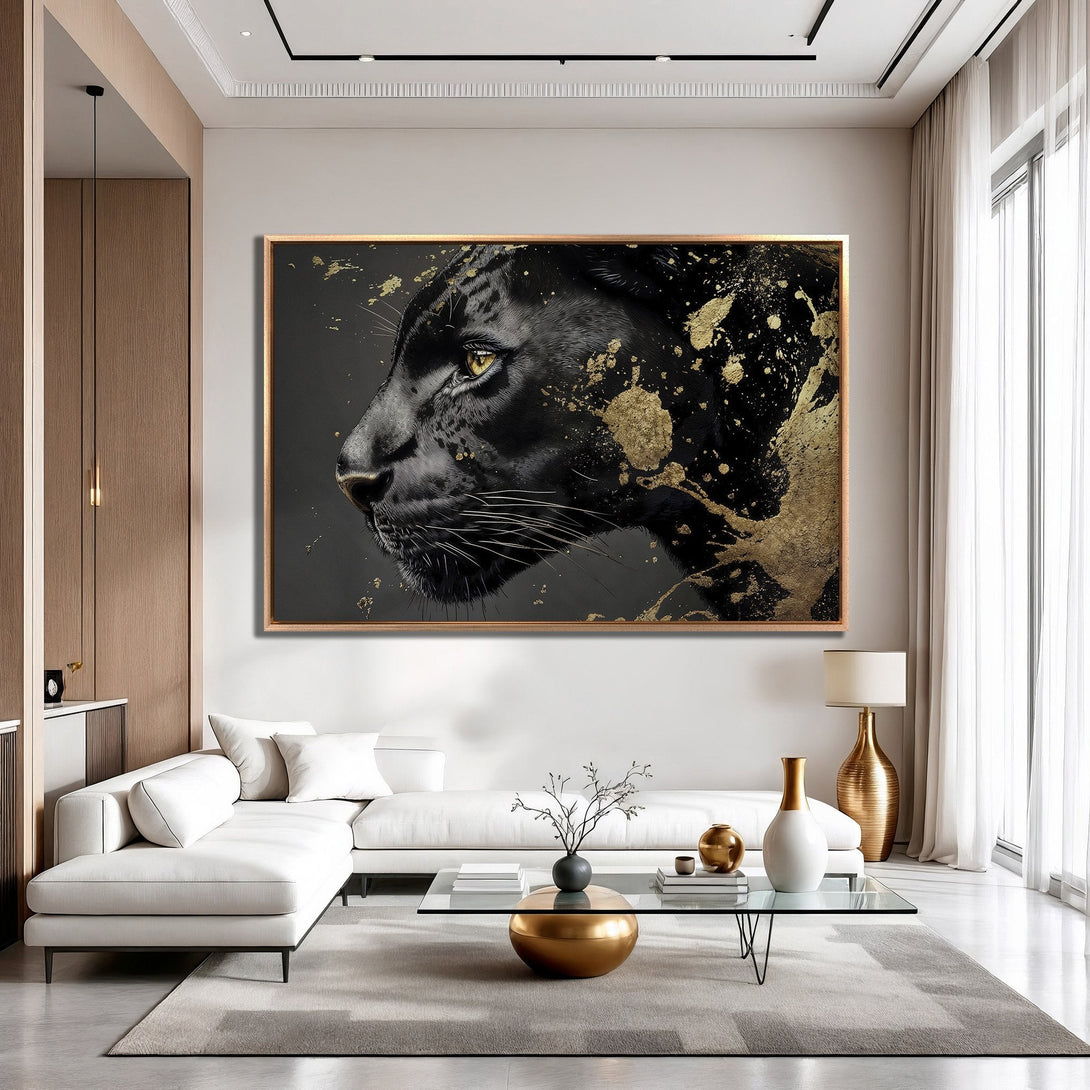 Framed Wall Art featuring a majestic black panther with gold accents. Modern, luxurious design in a black, gold, and neutral palette. Elevate your space!