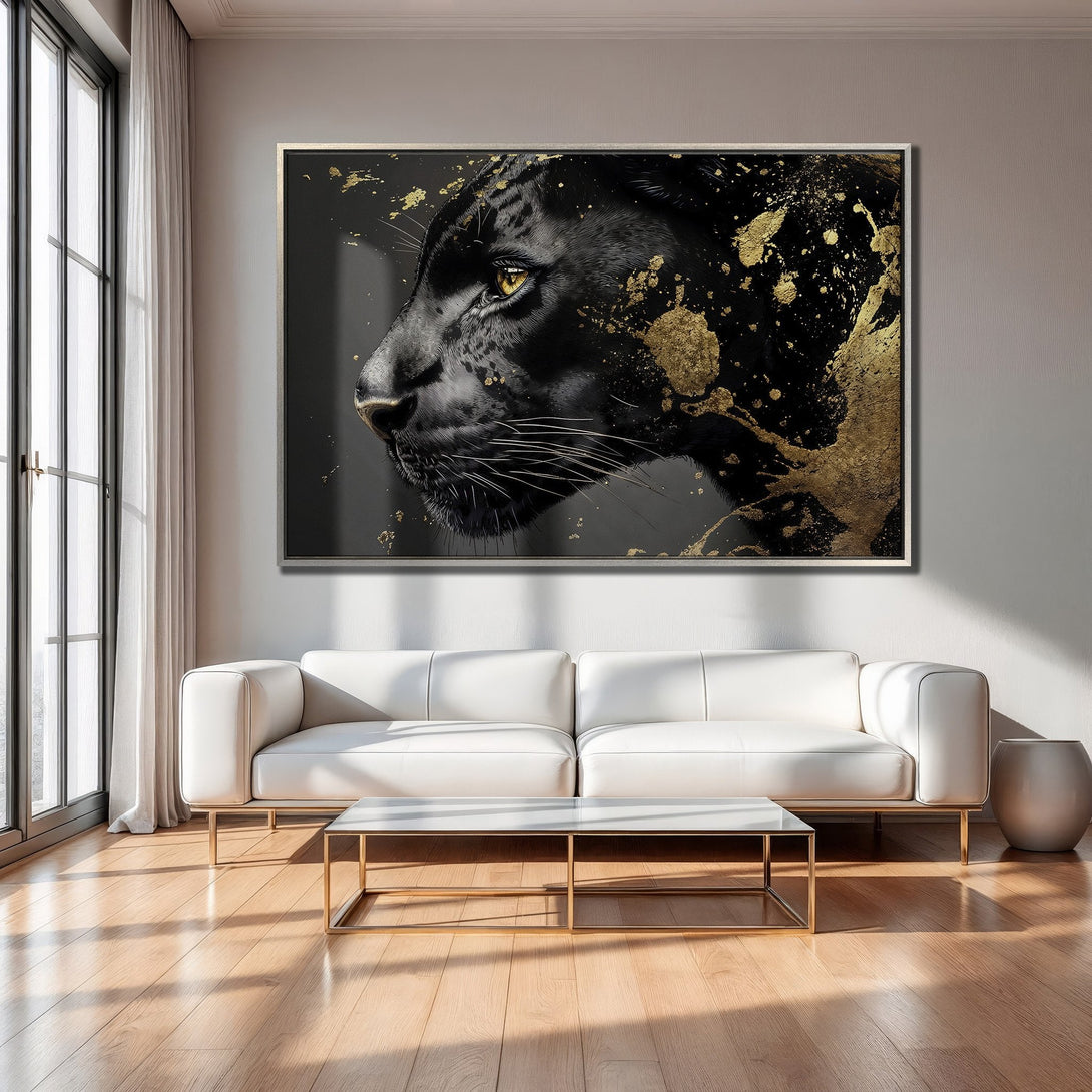 Framed Wall Art: Black panther portrait with gold accents. Modern, luxurious canvas print with a black, gold, and neutral color palette. Perfect for home decor.