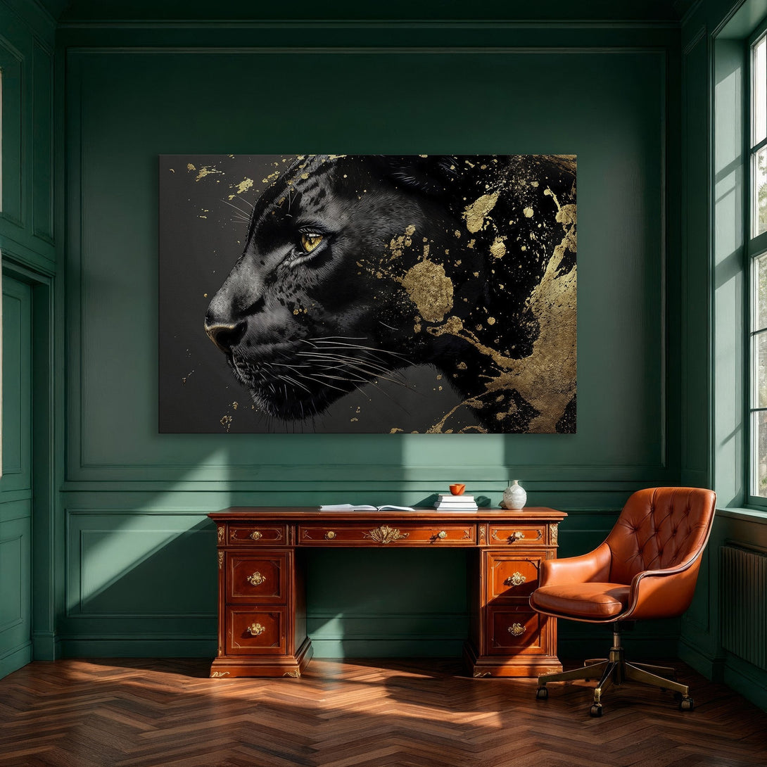 Framed Wall Art: Black panther portrait with gold accents. Dramatic canvas print in a modern dining room. Black, gold, and white color palette.