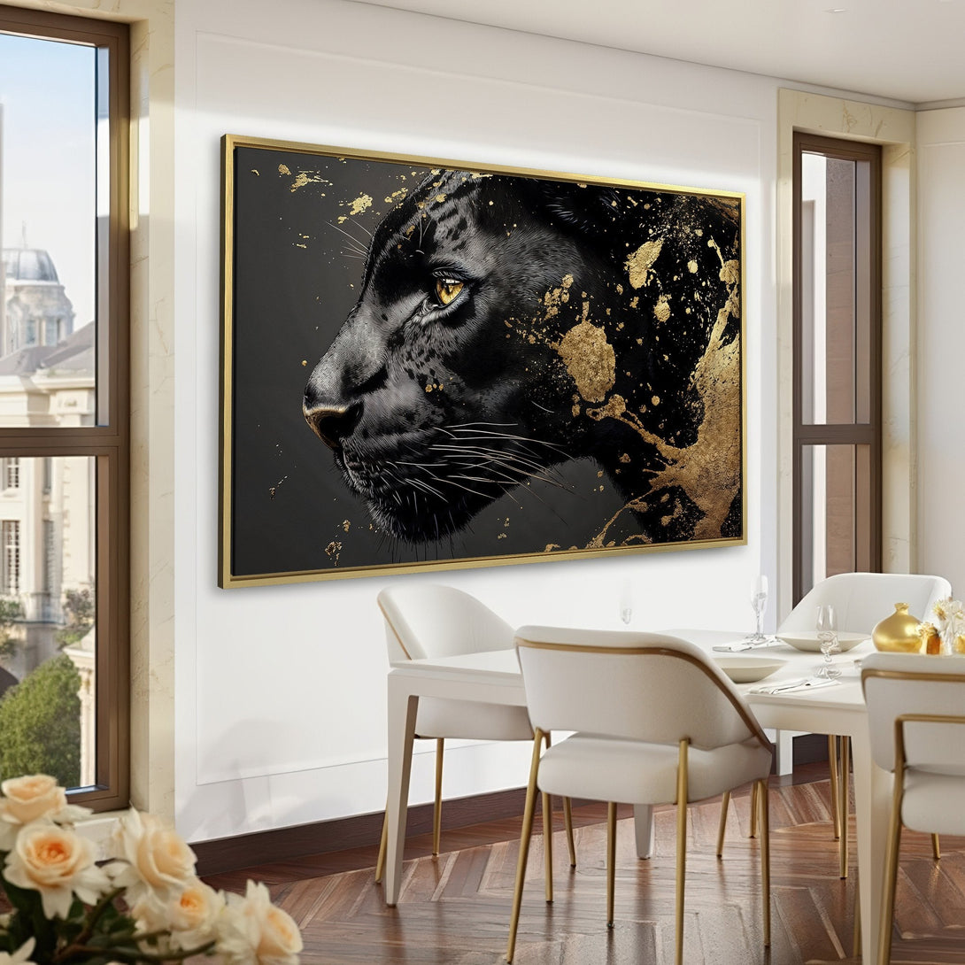 Canvas Print featuring a black panther with gold accents. Modern art in a dark, luxurious interior. Dramatic black, gold, and green color palette.
