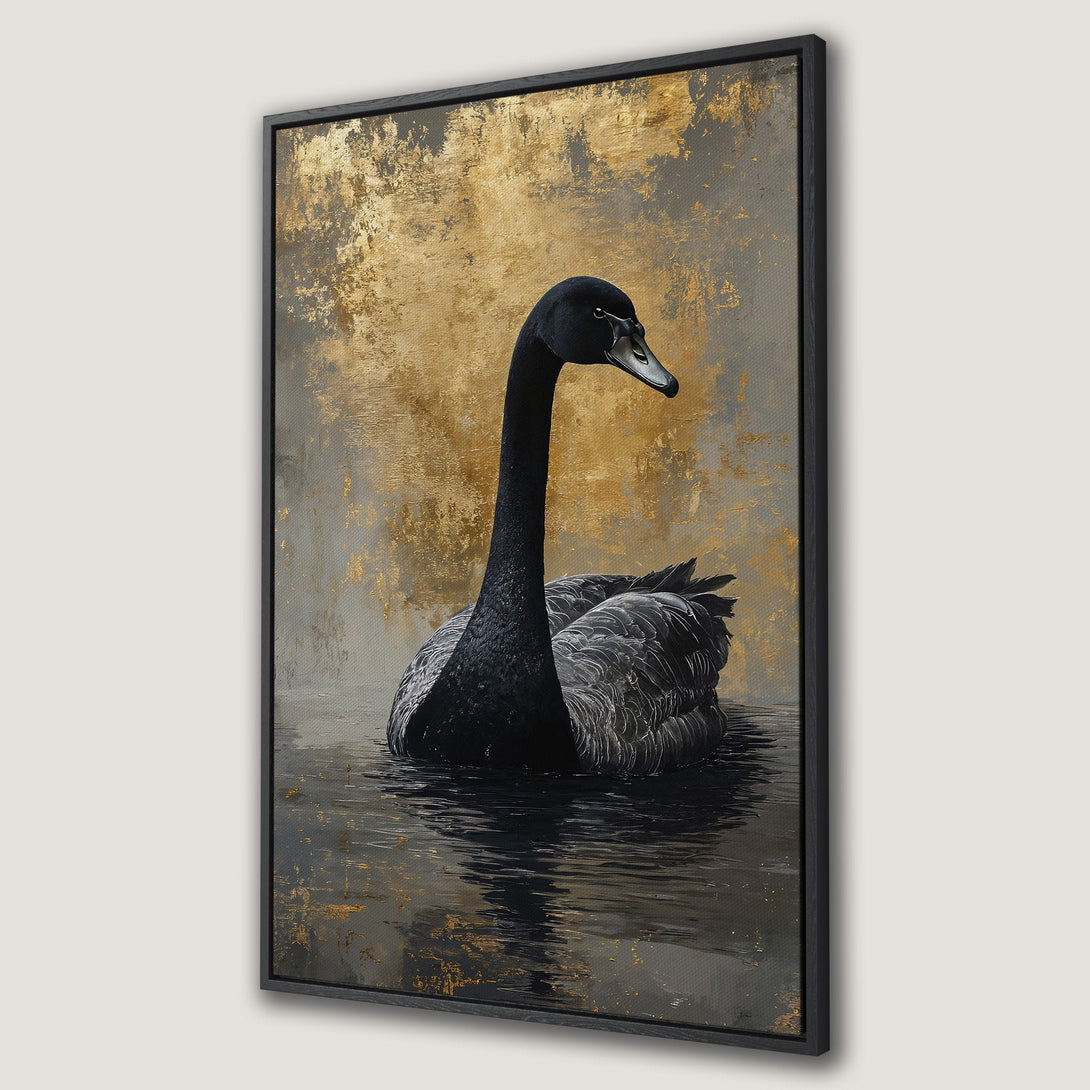 Framed Wall Art featuring an elegant black swan. Abstract style with gold and gray tones. Enhance your space with this stunning Canvas Print!