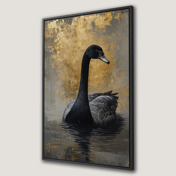 Framed Wall Art featuring an elegant black swan. Abstract style with gold and gray tones. Enhance your space with this stunning Canvas Print!