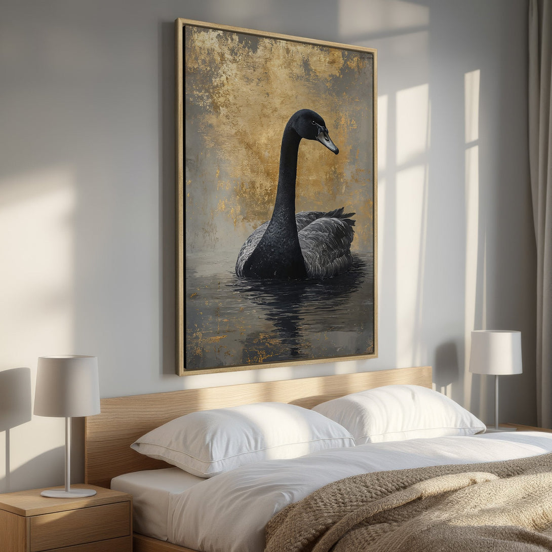 Framed Wall Art: Black swan painting with gold accents. Modern abstract style in a neutral and blue color palette. Perfect for living room decor.