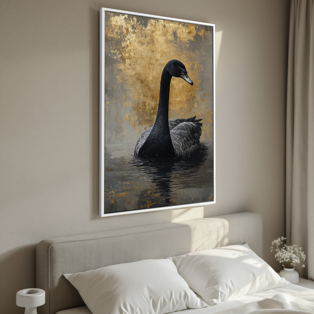 Framed Wall Art: Elegant black swan painting in a bedroom. Abstract style with gold and gray tones. Perfect for adding a touch of luxury.