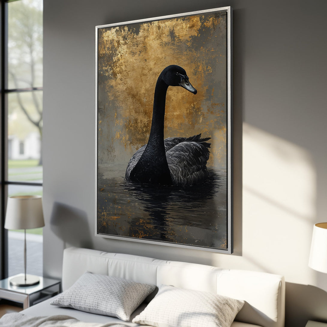 Framed Wall Art: Elegant black swan painting with gold accents. Modern abstract style. Perfect for living room decor. Neutral color palette.