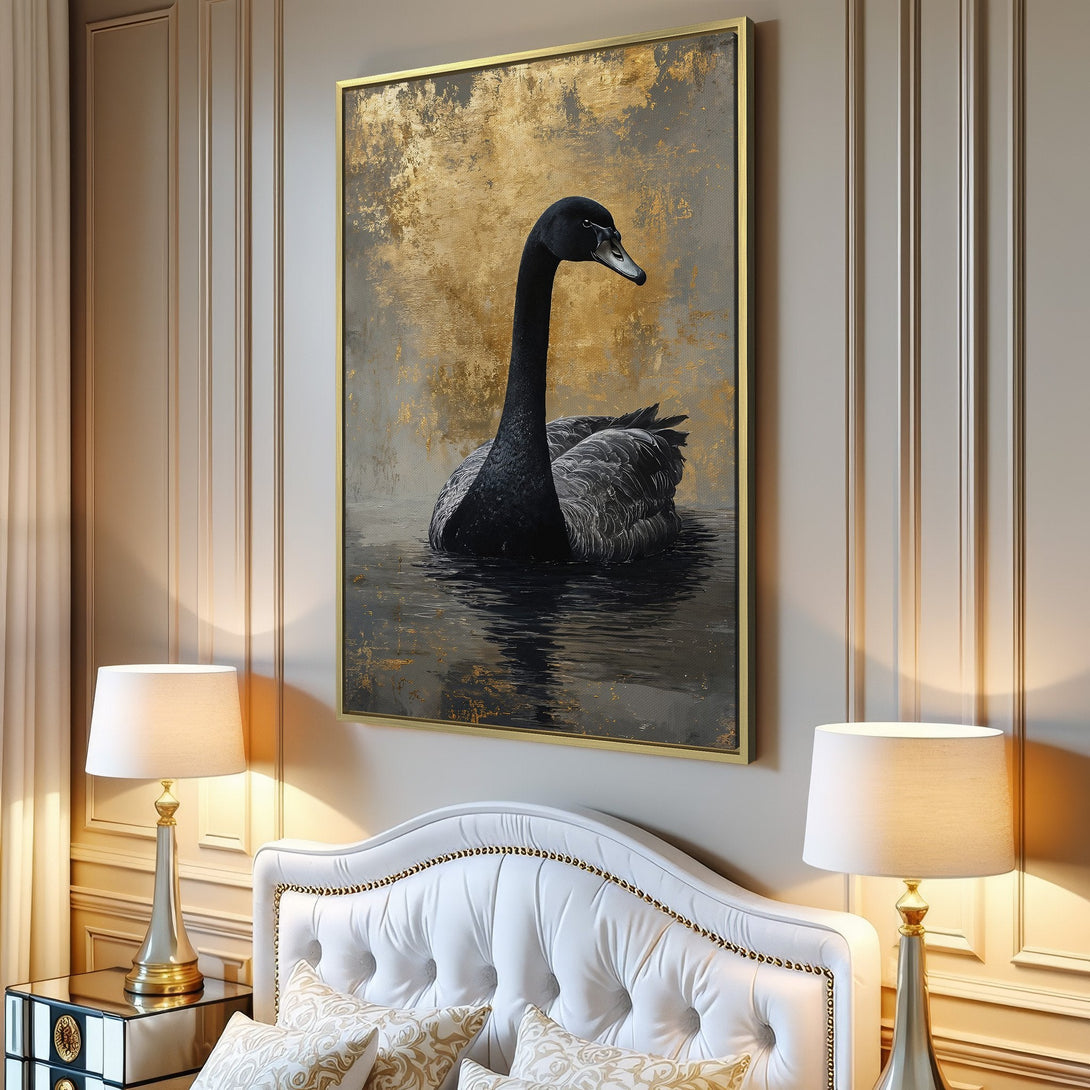 Canvas Print of a black swan in an abstract style, with gold accents, displayed in a stylish interior with a pink wall.