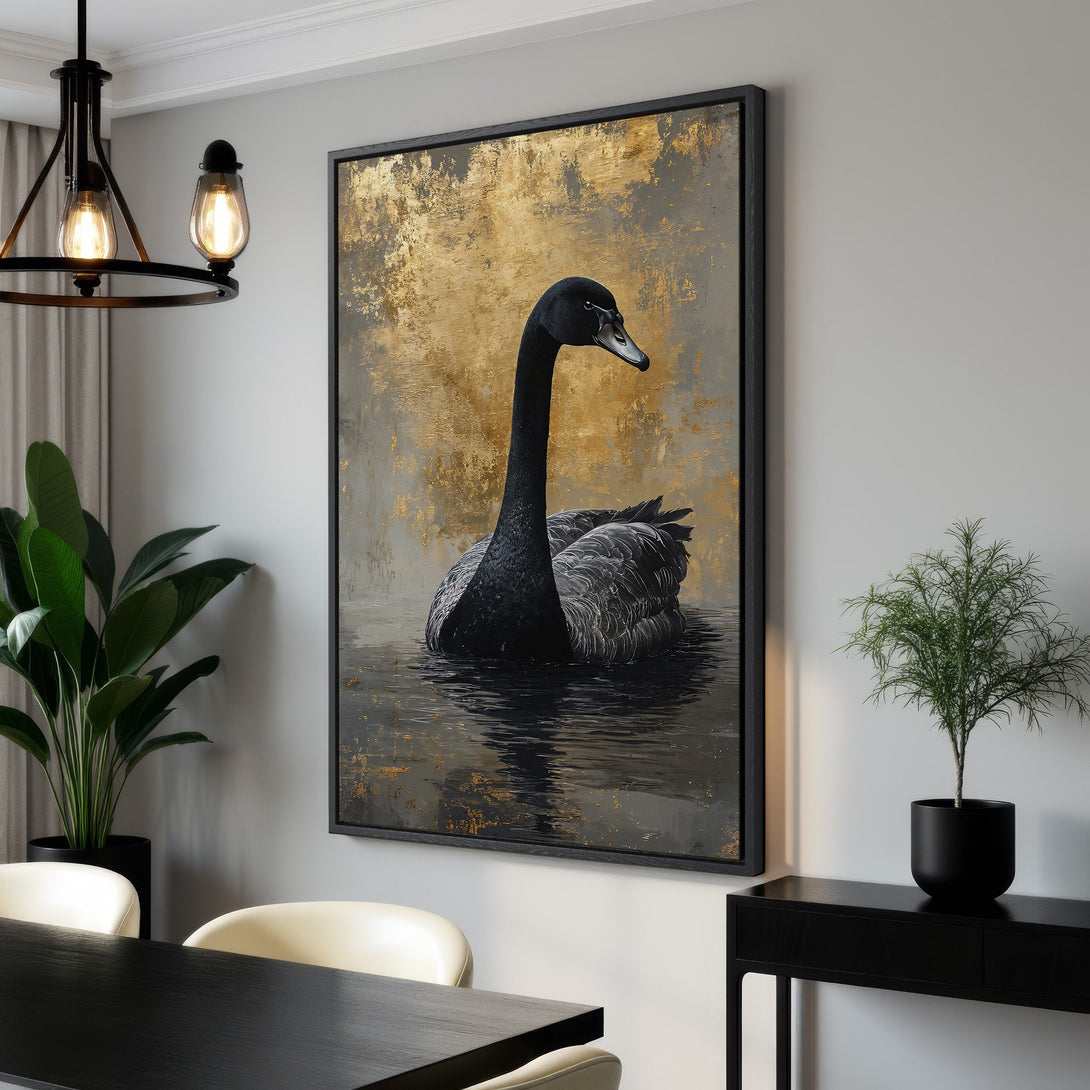Framed Wall Art: Elegant black swan painting in a dining room. Abstract style with gold, gray, and black color palette. Perfect for modern decor.