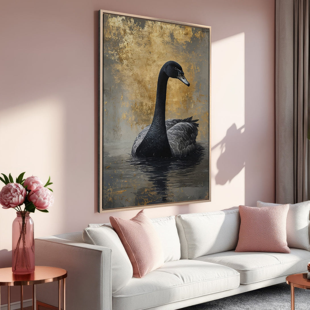 Framed Wall Art: Elegant black swan painting in a gold frame. Modern abstract style with a neutral, gold, and black color palette. Perfect for living room decor.