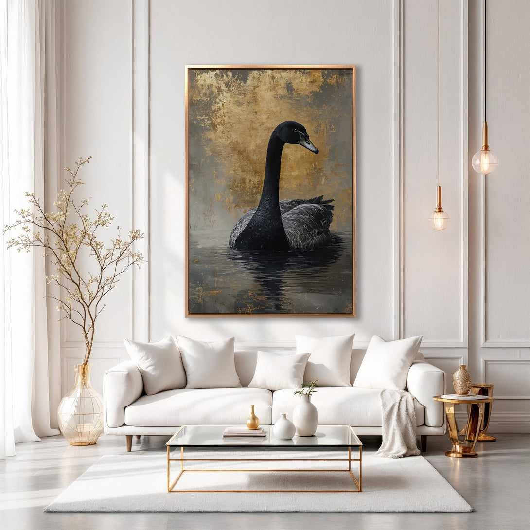 Framed Wall Art: Black swan painting with gold accents. Modern abstract style, neutral color palette. Perfect for bedroom decor.