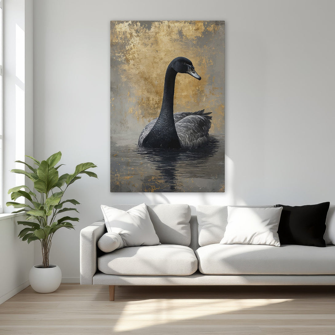 Framed Wall Art: Elegant black swan painting with gold accents. Modern abstract style, neutral color palette. Perfect for living room decor.