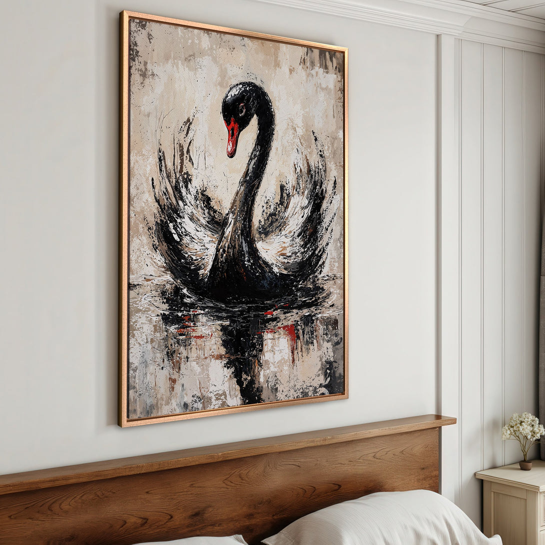 Framed Wall Art: Abstract black swan painting with neutral color palette. Modern art for home decor. Adds elegance to any room.