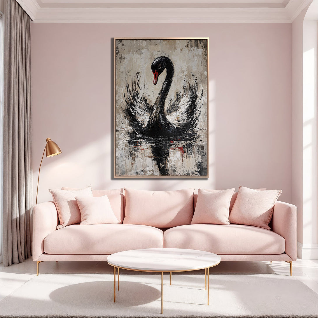Framed Wall Art: Abstract black swan painting with neutral and blush color palette. Modern art canvas print adds elegance to any interior.