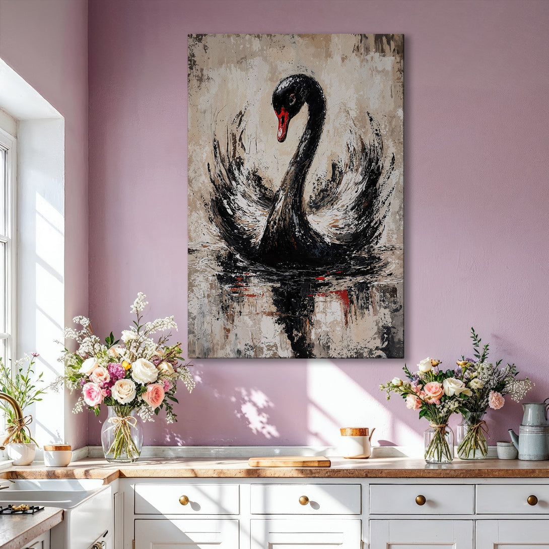 Framed Wall Art: Abstract black swan painting with neutral tones. Modern art canvas print adds elegance to any living room. Shop now for unique wall decor!