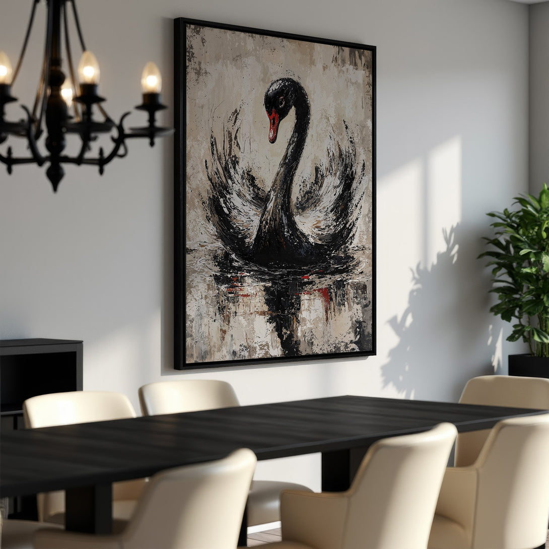 Framed Wall Art: Abstract black swan painting in neutral tones. Modern art canvas print adds elegance to dining room decor.