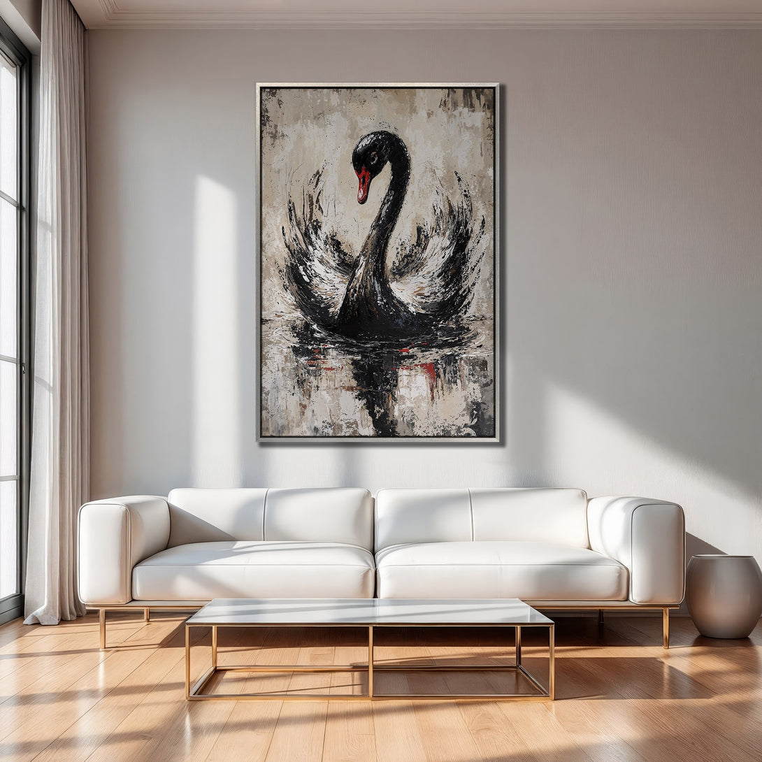 Framed Wall Art: Abstract black swan painting in neutral tones. Modern canvas art adds elegance to living room decor. Shop now!