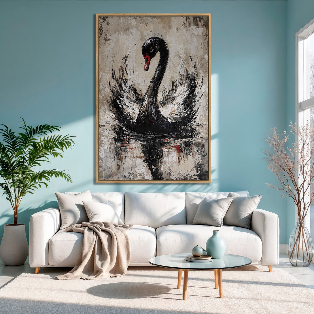 Framed Wall Art: Abstract black swan painting with neutral and red accents. Modern art canvas print adds elegance to a living room with a teal wall.