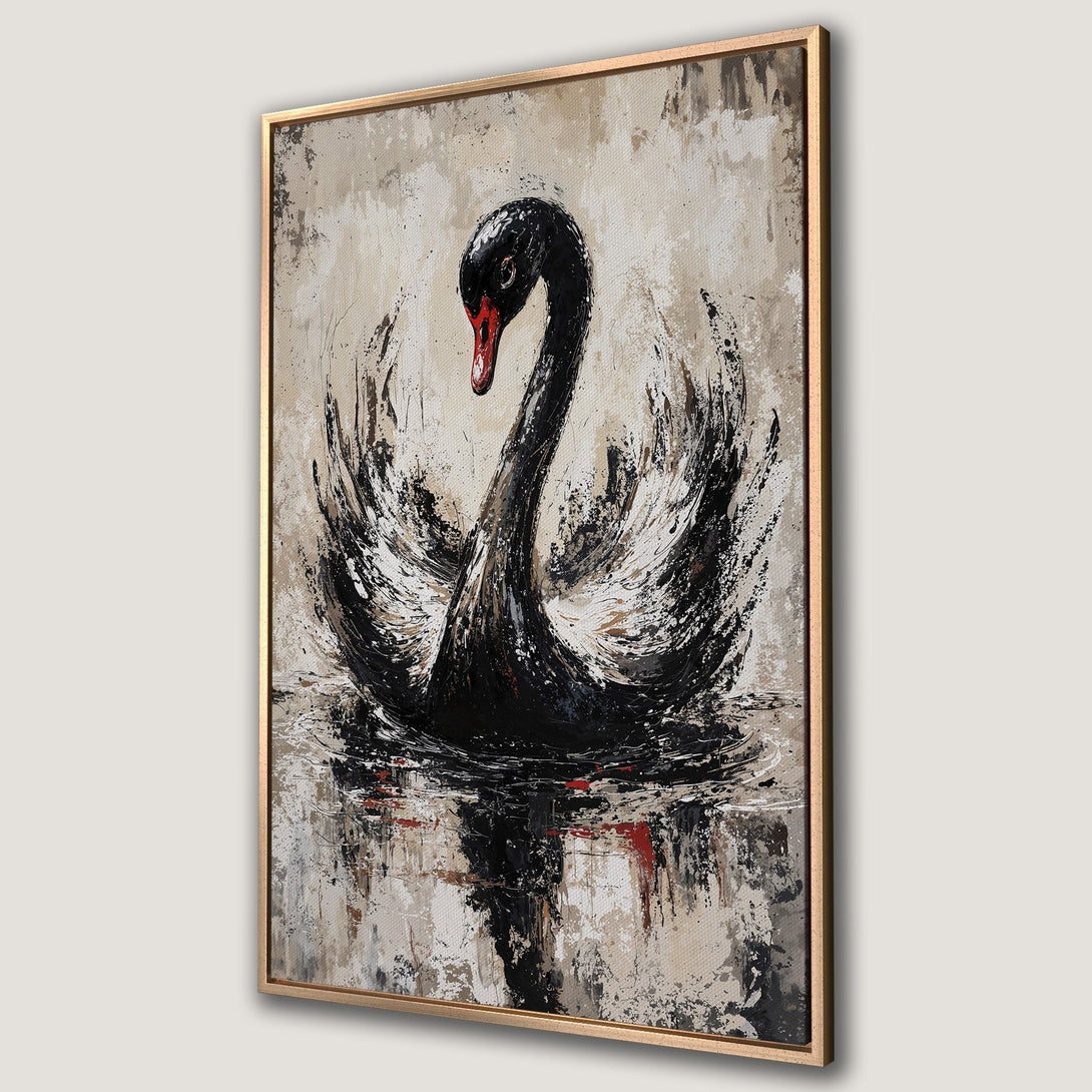 Framed Wall Art of a black swan in abstract style. Neutral beige, black, and red color palette. Perfect for modern home decor.
