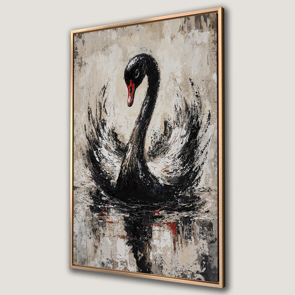 Framed Wall Art of a black swan in abstract style. Neutral beige, black, and red color palette. Perfect for modern home decor.