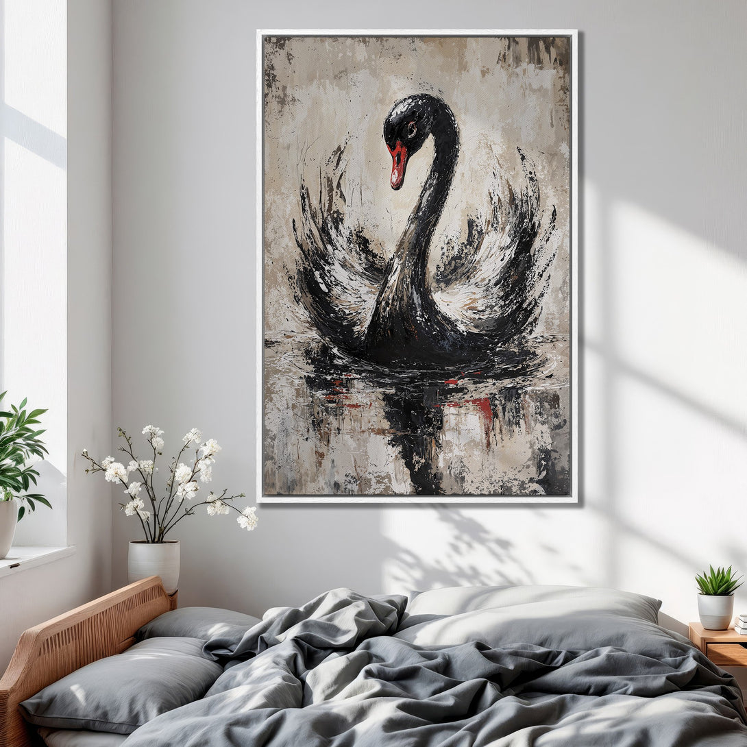 Framed Wall Art: Abstract swan painting in neutral tones. Modern art canvas print adds elegance to any bedroom decor. Black, white, and beige palette.