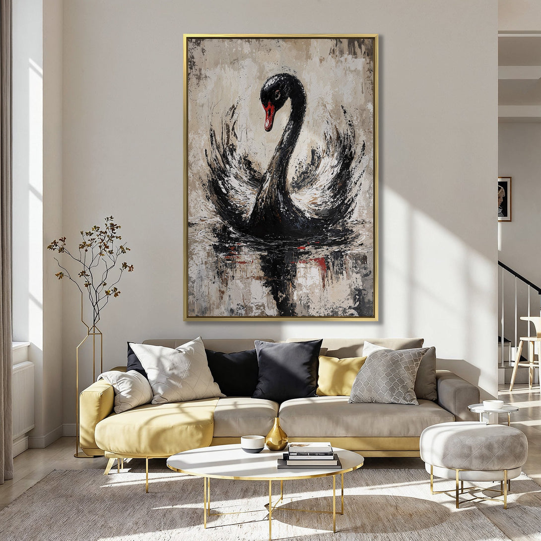 Canvas Print: Abstract black swan art on display. Modern wall decor with a neutral, black, and red color palette. Perfect for home interior design.