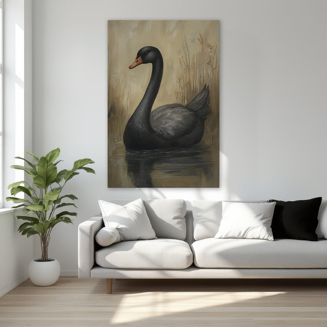 Framed Wall Art: Elegant black swan painting with a golden frame. Neutral color palette perfect for any decor. Enhance your space with this beautiful artwork.