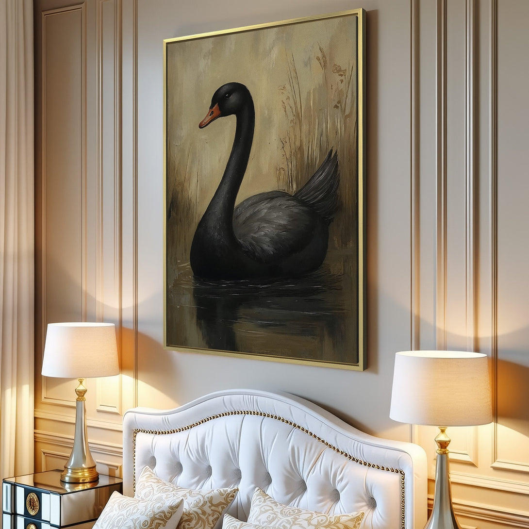 Canvas Print of a black swan painting. Elegant wall art with neutral beige and gray tones, perfect for modern home decor.