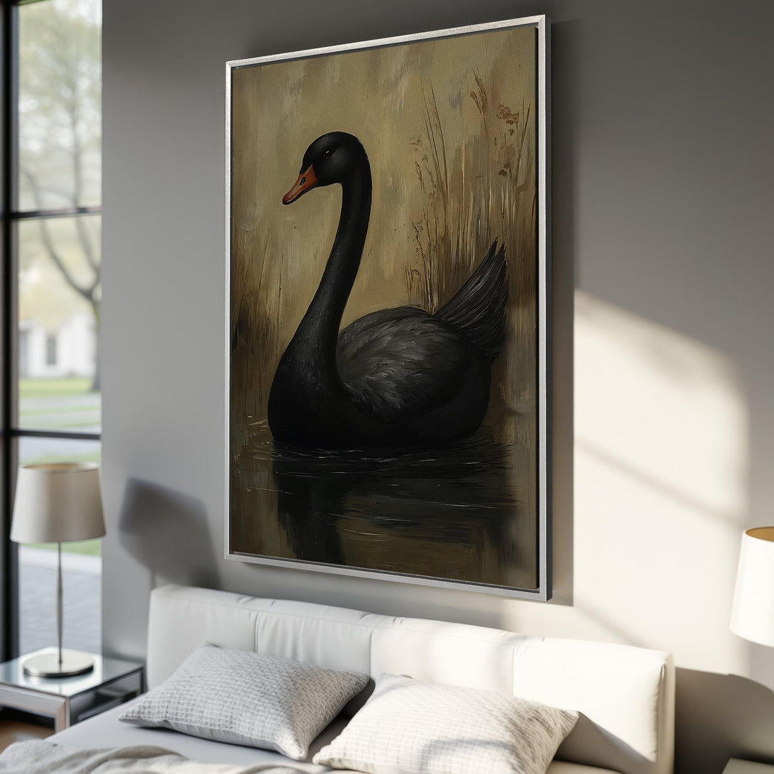 Framed Wall Art: Elegant black swan painting in a neutral color palette. Perfect for modern decor. Add a touch of sophistication to your space.