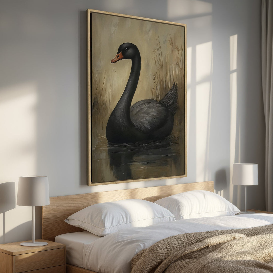 Framed Wall Art featuring a majestic black swan. Elegant, neutral color palette with a touch of warmth. Perfect for adding sophistication to any space.