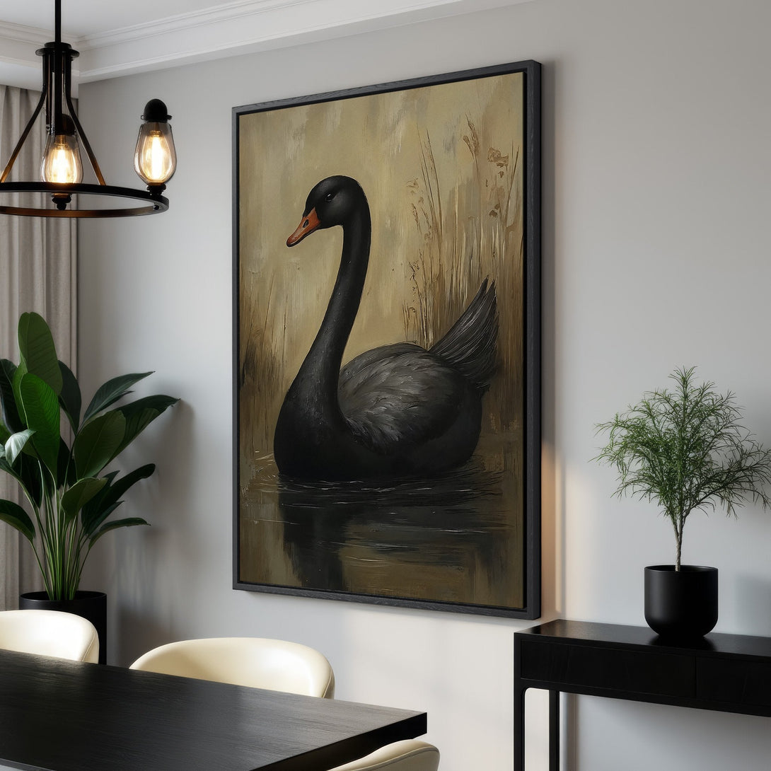 Framed Wall Art featuring a black swan painting in a neutral color palette. Perfect for adding elegance to any room. Shop now!