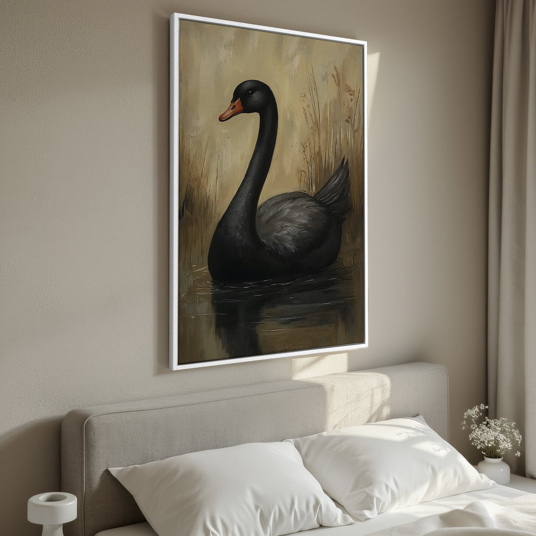 Framed Wall Art: Elegant black swan painting in a neutral color palette. Perfect for bedroom decor, adds a touch of sophistication and nature.