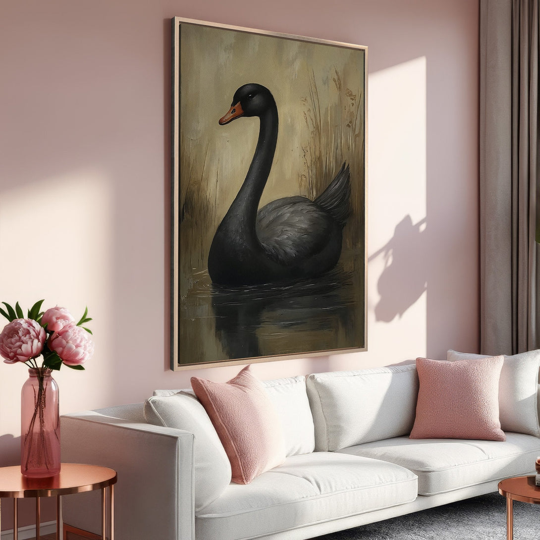 Framed Wall Art featuring a black swan painting in a serene, neutral color palette. Elevate your space with this elegant canvas print!