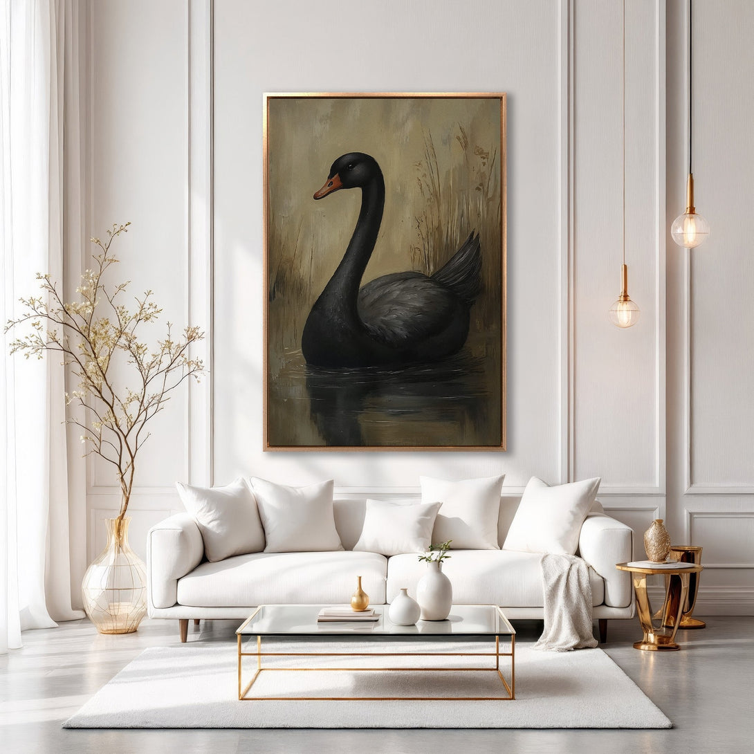Elegant Canvas Print of a black swan in a serene setting. Classic art style with a neutral color palette, perfect for any interior.