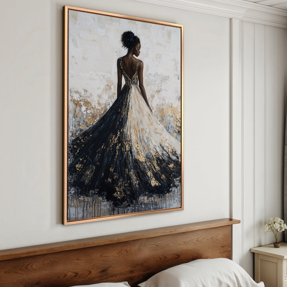 Framed Wall Art: Elegant woman in a flowing gown. Abstract art with black, white, and gold color palette. Perfect for bedroom decor.