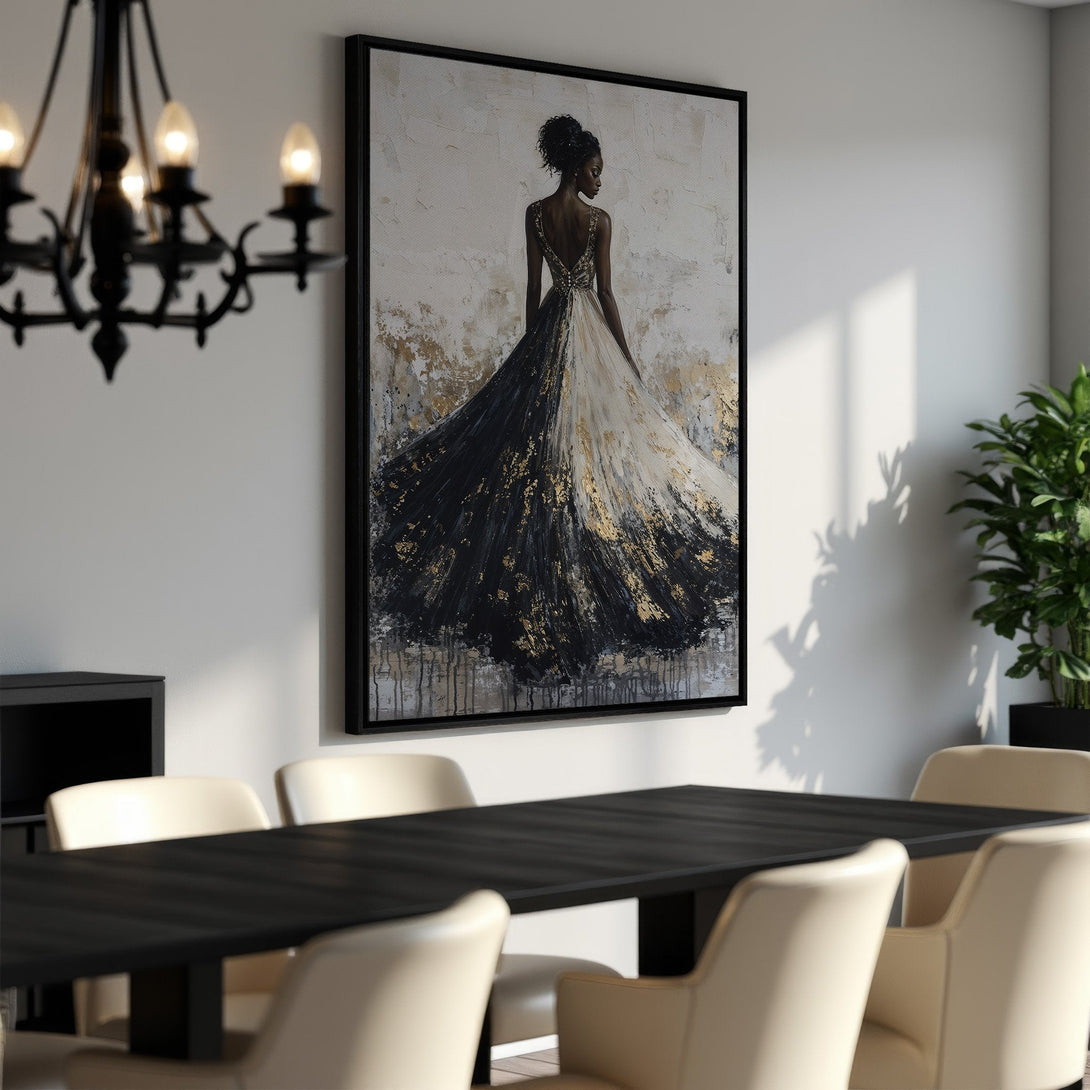 Framed Wall Art: Elegant woman in gown, black, white, and gold abstract painting. Modern art canvas print for dining room decor.