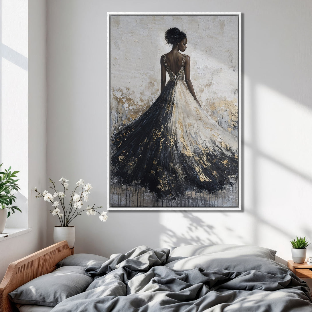 Framed Wall Art of a woman in a gown, abstract style, black, white, and gold palette. Perfect for bedroom decor and adding elegance.