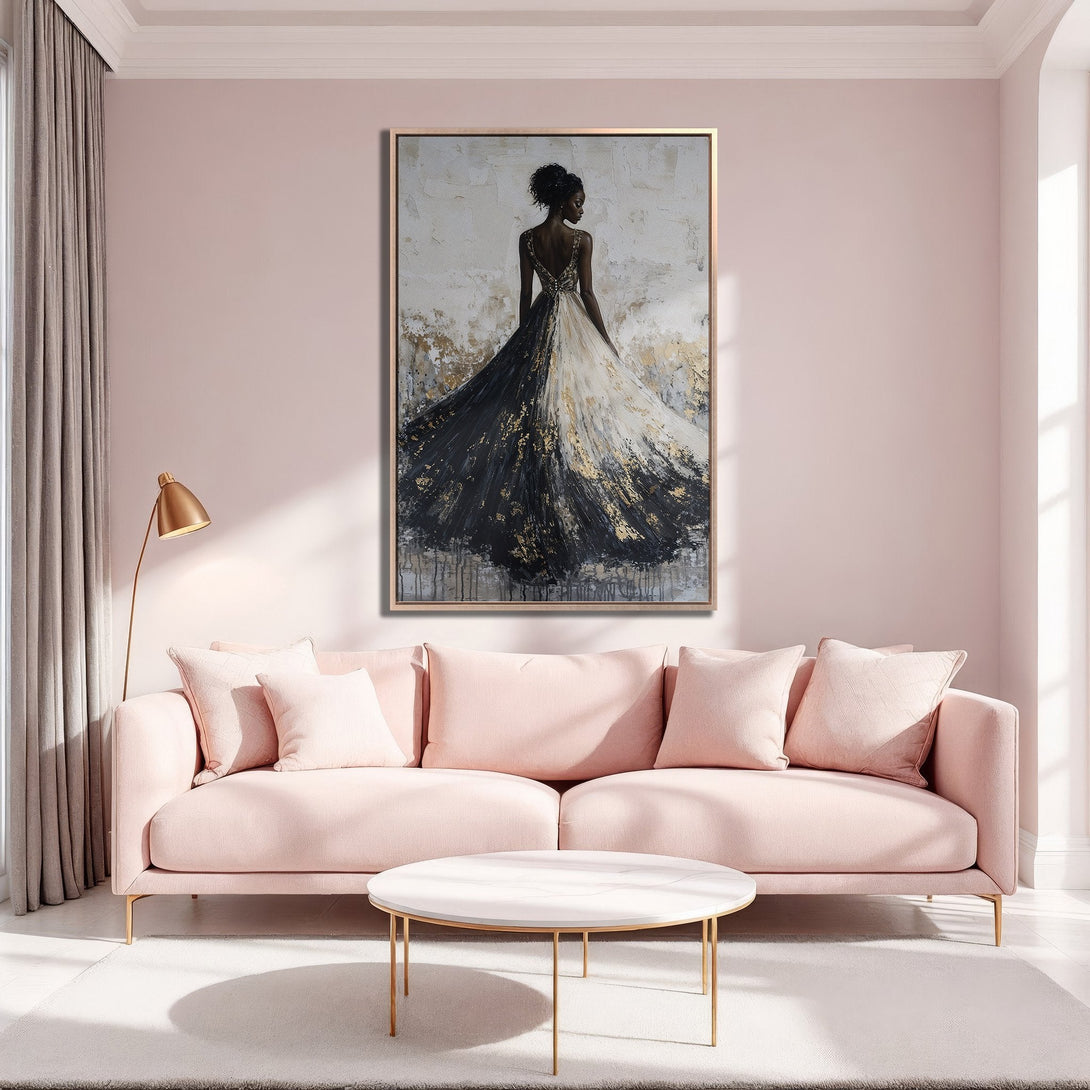Framed Wall Art featuring a woman in a flowing gown, abstract style, with black, white, and gold accents. Perfect for adding elegance to any space.