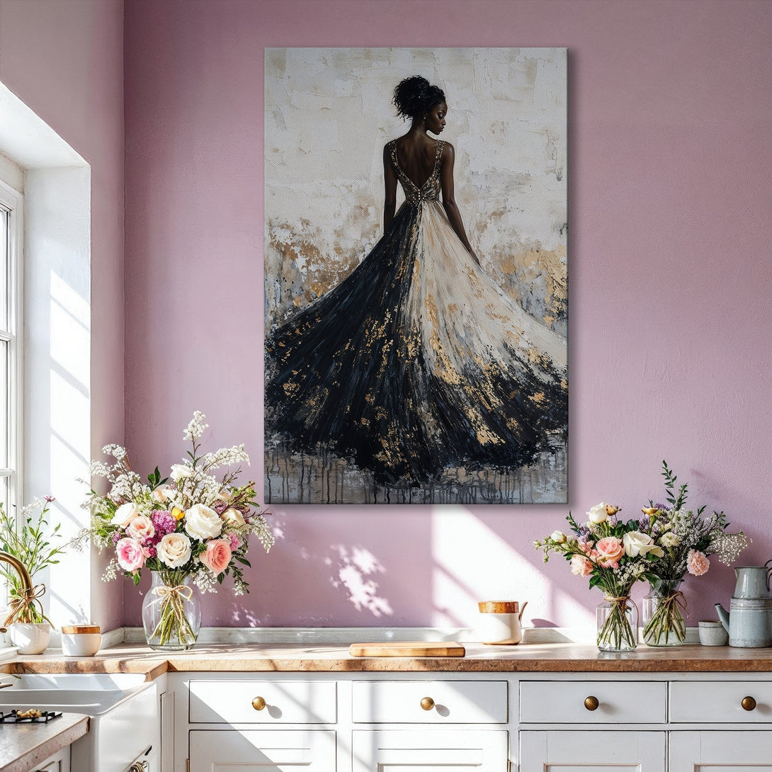 Framed Wall Art: Elegant woman in a flowing black & white gown, gold accents, displayed in a modern living room. Stunning abstract art with a neutral color palette.