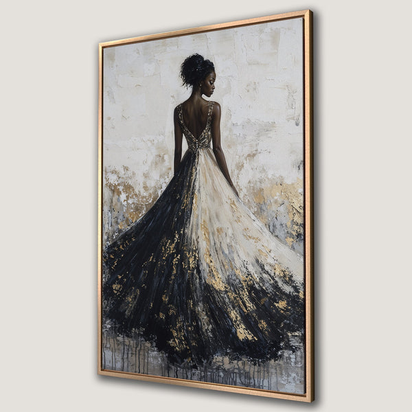 Framed Wall Art featuring a woman in a flowing gown. Abstract style with black, white, and gold color palette. Perfect for modern home decor.