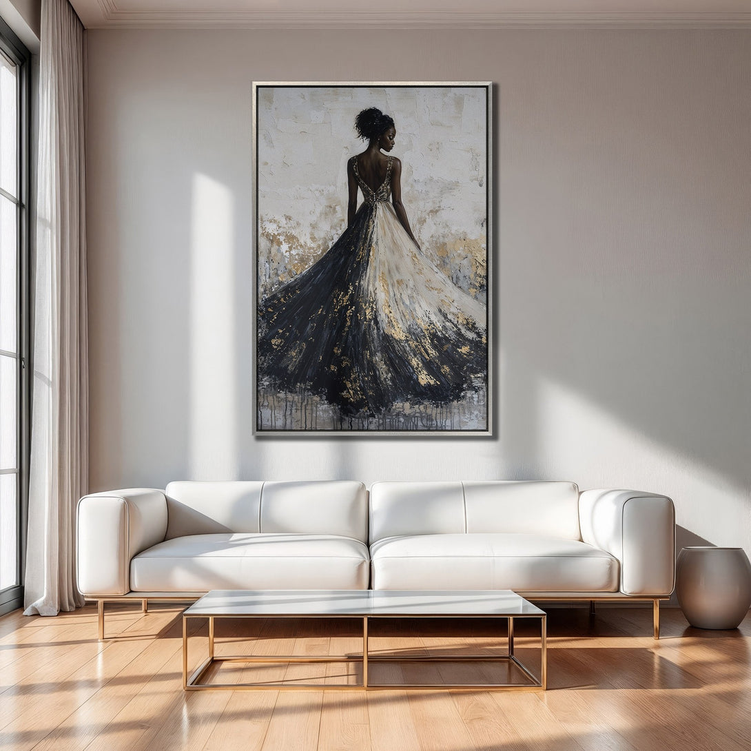 Framed Wall Art of elegant woman in flowing gown, black, white, and gold abstract style. Perfect for modern home decor.