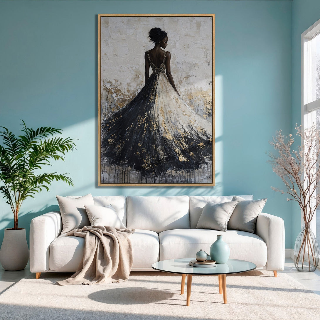 Framed Wall Art: Elegant woman in a black, white, and gold dress. Modern abstract style with a neutral and blue color palette. Perfect for living room decor.
