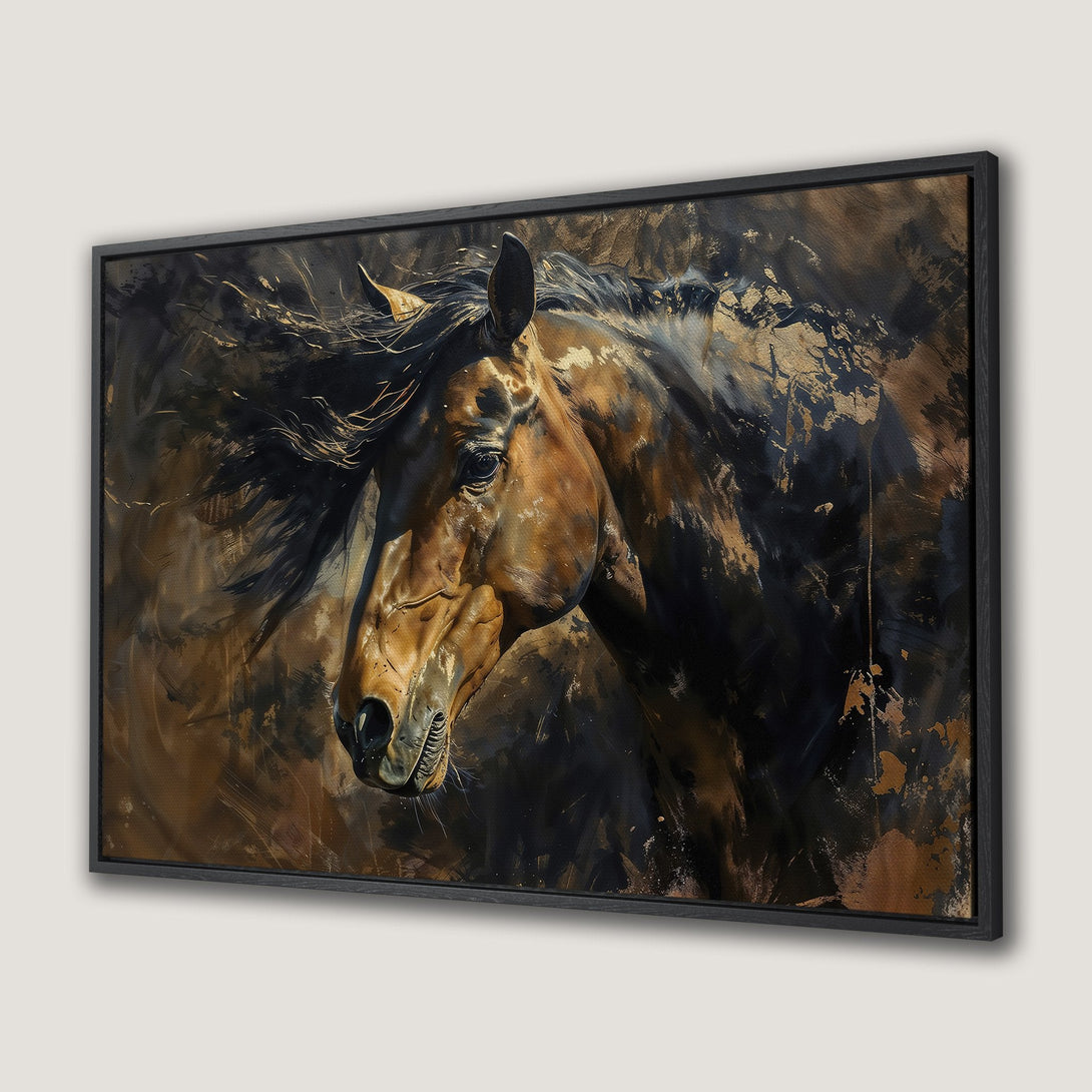 Framed Wall Art: Stunning horse portrait canvas print in warm earth tones. Abstract style with gold accents creates a captivating, artistic focal point.