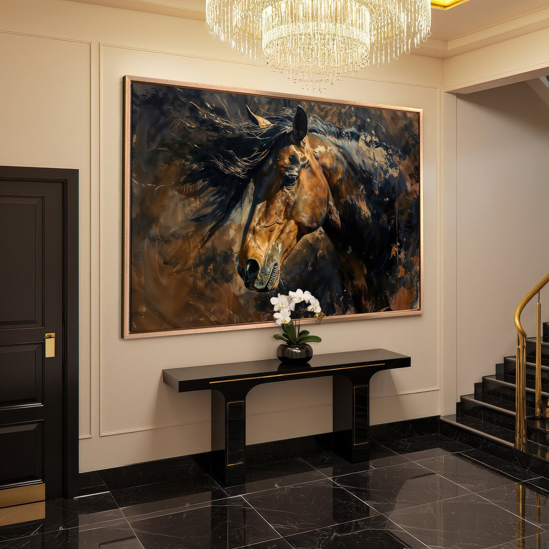 Framed Wall Art: Stunning horse portrait in warm brown and gold tones. Adds elegance to any interior. Shop now for luxury home decor!